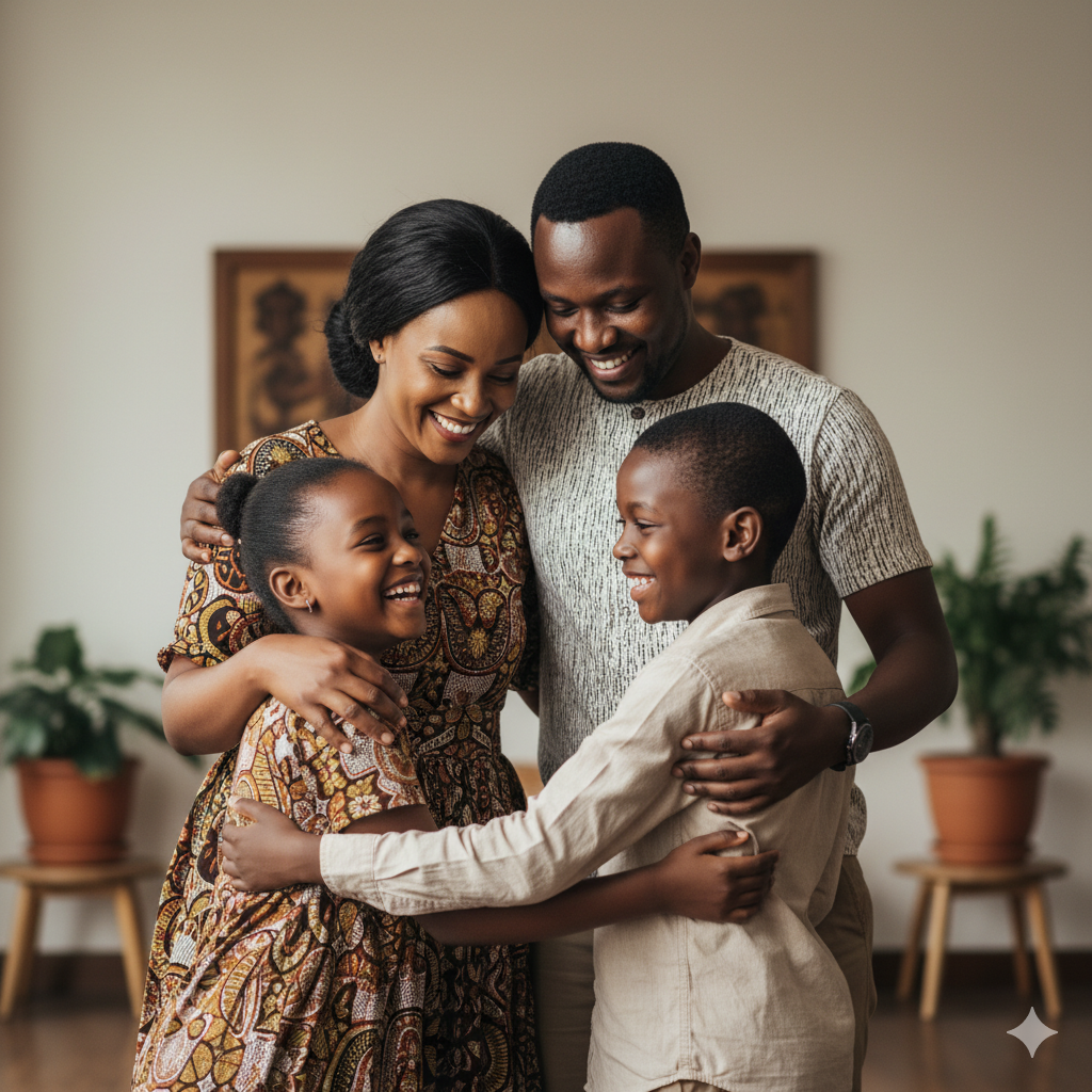 A Kenyan family embracing at home