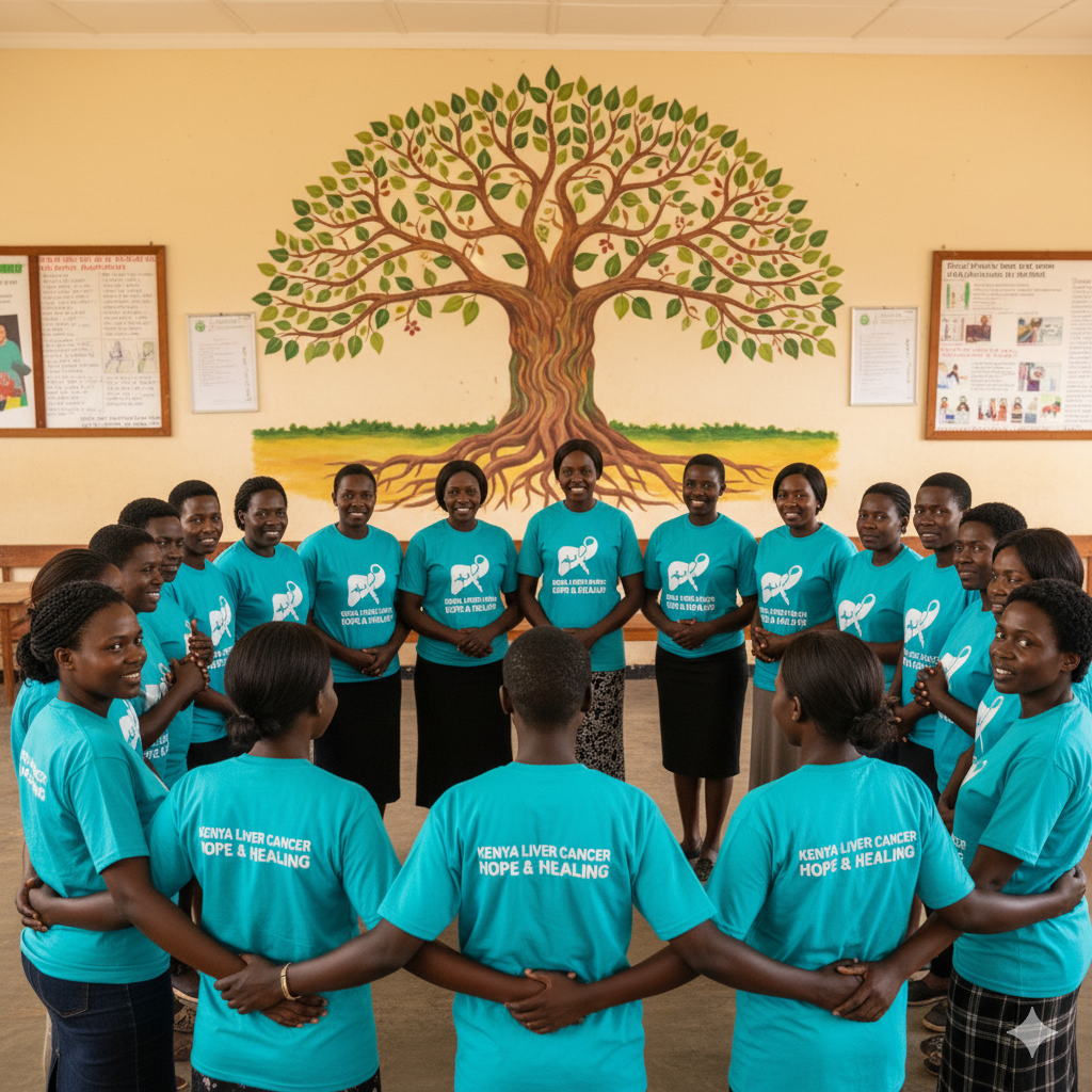 Ben Kijuu Foundation volunteers in branded t-shirts before a tree-of-life mural